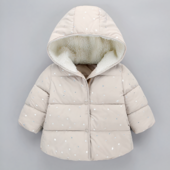 Vediamo un piumino beige con cappuccio. È completamente foderato in pile. Ha dei motivi a stella in argento lucido.