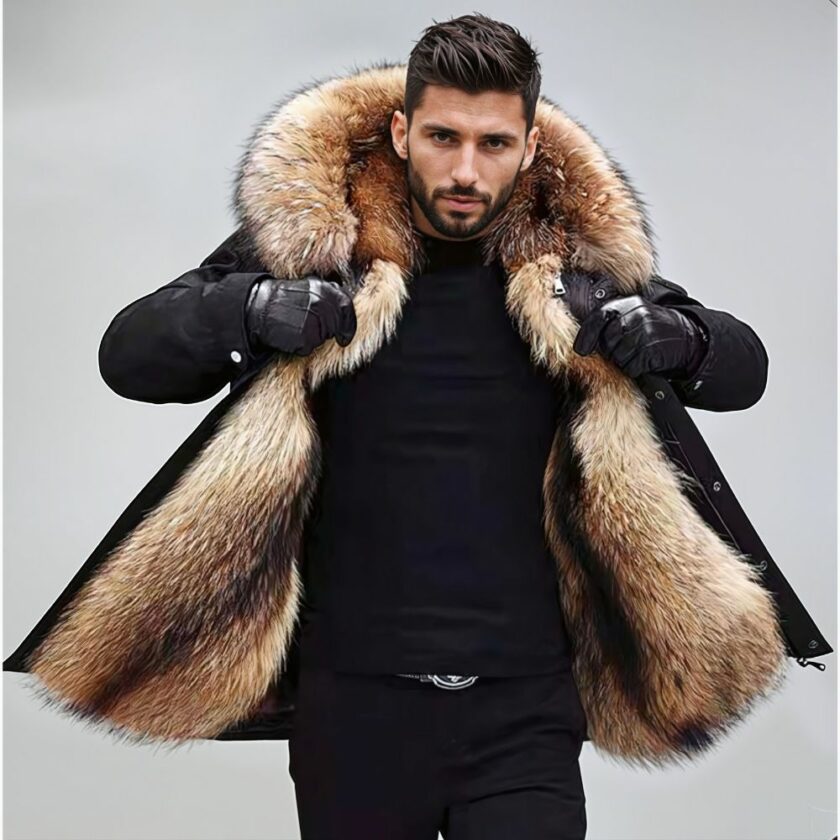 vediamo un uomo dai capelli scuri che indossa un piumino nero con l'interno in pelliccia ecologica