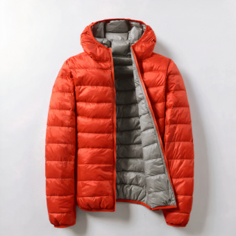 Vediamo un piumino reversibile su uno sfondo bianco. L'esterno è rosso-arancio e l'interno è grigio chiaro.