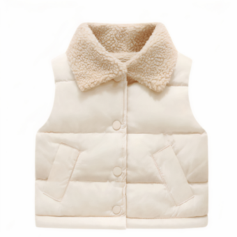 Si tratta di un grazioso piumino senza maniche con fodera in finta pelle di pecora. È beige ed è un modello per bambini presentato su sfondo bianco.