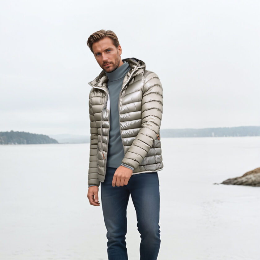 Uomo in piedi con le spalle rivolte a uno specchio d'acqua che indossa jeans blu, un top grigio e un sottile e leggero piumino corto con cappuccio beige.