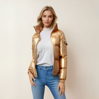 Donna dai capelli biondi con le spalle rivolte a una parete beige, indossa jeans skinny blu, un top bianco e un piumino lucido e trapuntato con un cappuccio dorato aperto sul davanti.