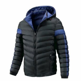 giacca da sci impermeabile reversibile blu e nera per uomo su sfondo bianco
