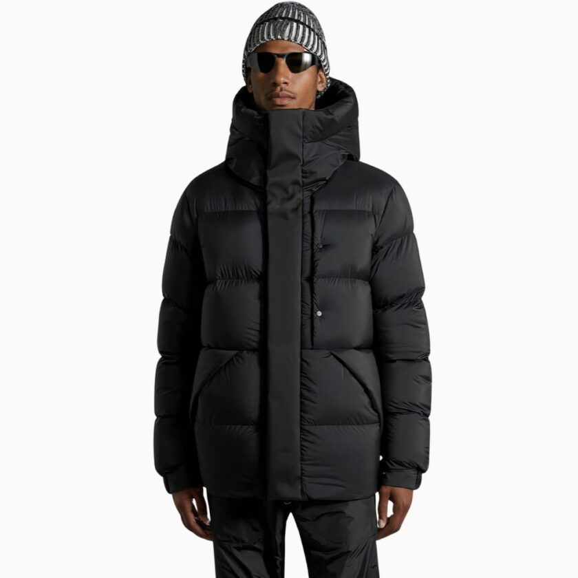 vediamo un giovane uomo in piedi che indossa uno spesso piumino nero da uomo