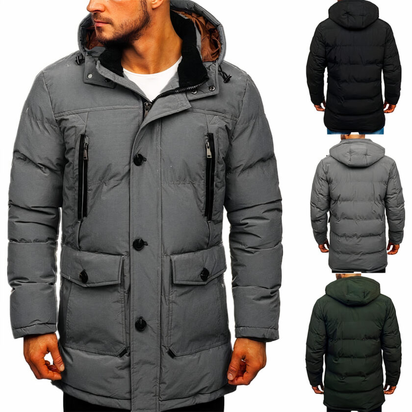 Giacca con cappuccio multitasche da uomo vista dal retro e dal davanti su sfondo bianco.