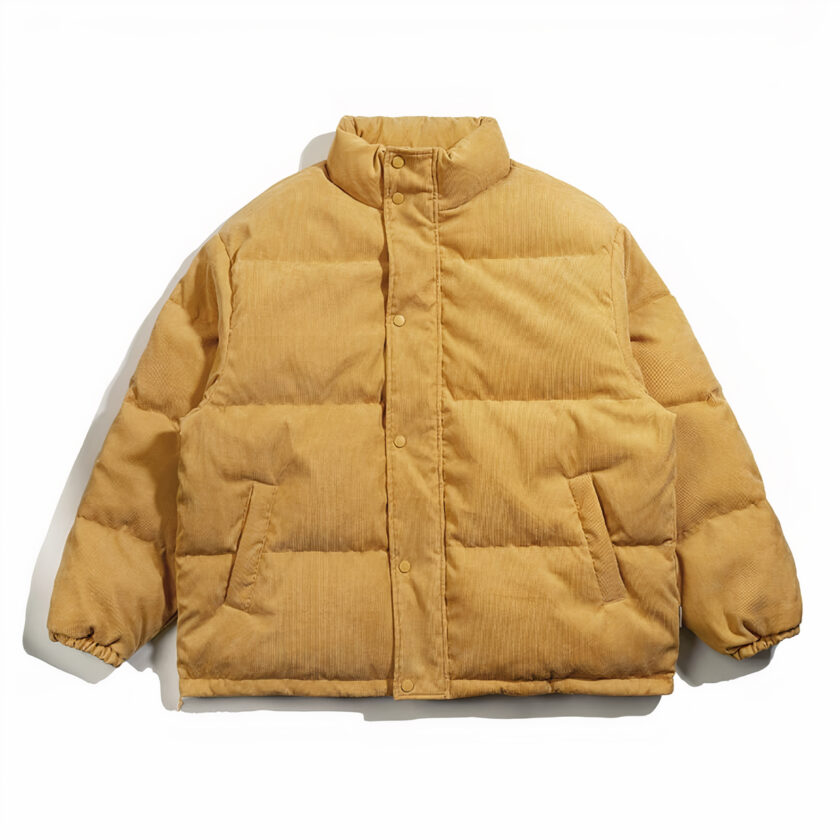 Stiamo guardando un piumino in velluto a coste giallo senape su sfondo bianco. È un bellissimo piumino, originale e chic!