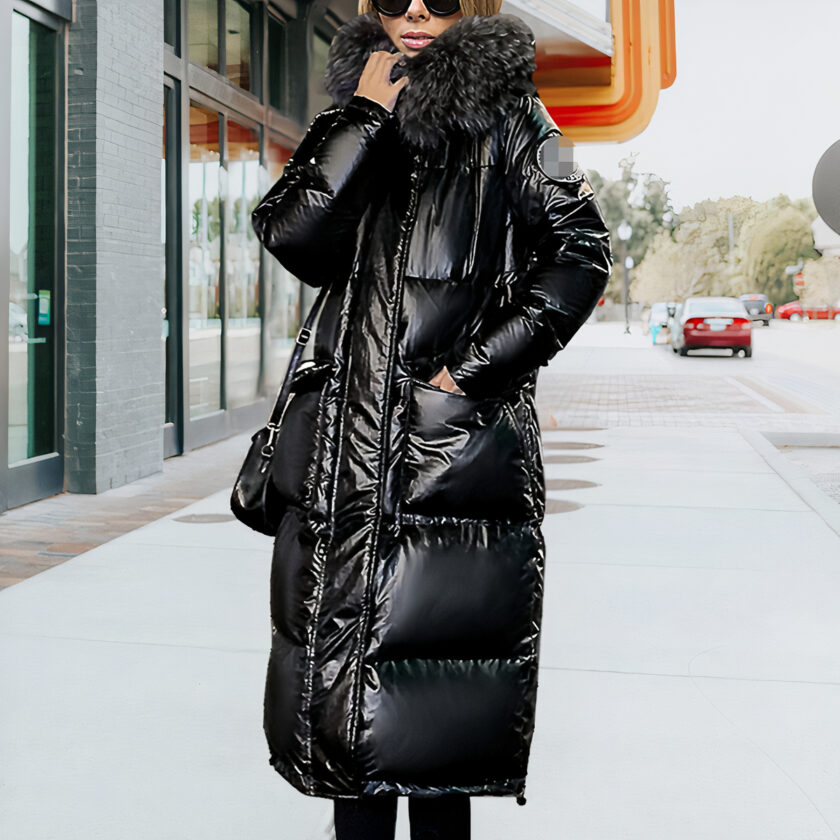 Giacca nera lucida da donna di media lunghezza