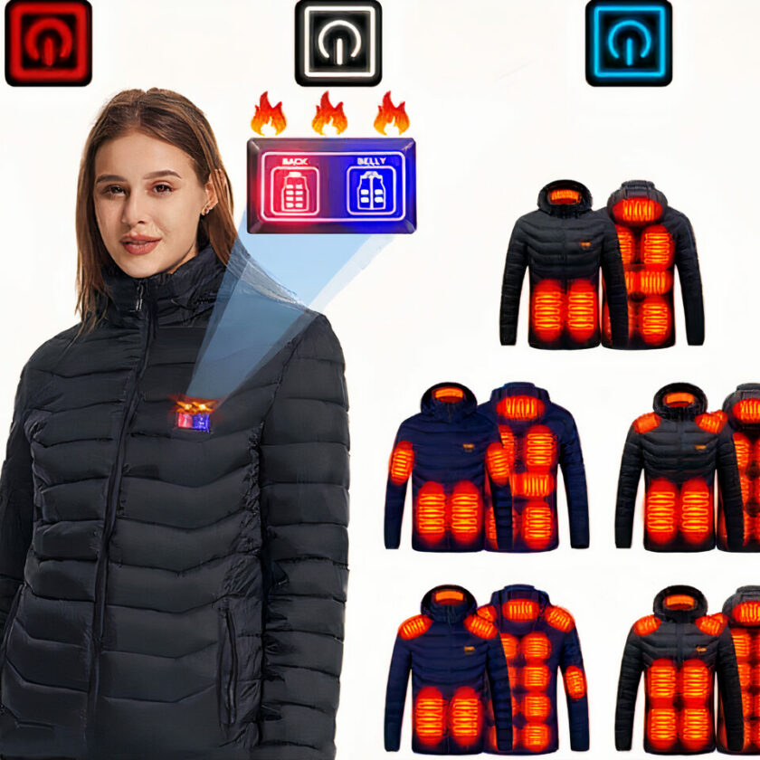 Giacca da donna riscaldata elettricamente in nero con sfondo bianco