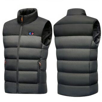 Giacca da uomo bi-materiale senza maniche riscaldata su sfondo bianco.