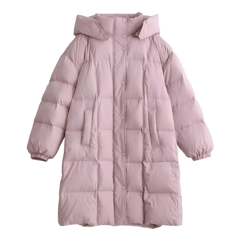Giacca lunga rosa molto calda con tasche e cappuccio